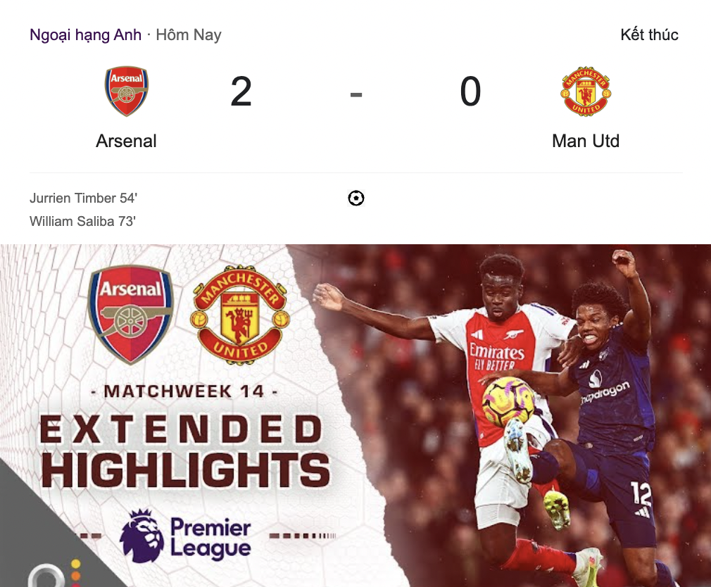 Arsenal Đánh Bại Man Utd, Chấm Dứt Chuỗi Bất Bại Của "Quỷ Đỏ"